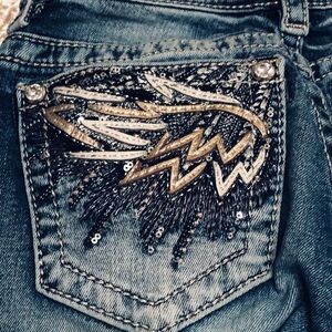 Miss Me Blue Jeans with Gold and Silver Sequin Design